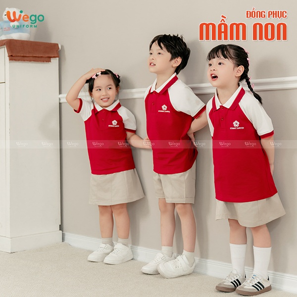 Áo thun phông đồng phục mầm non màu đỏ đô phối trắng