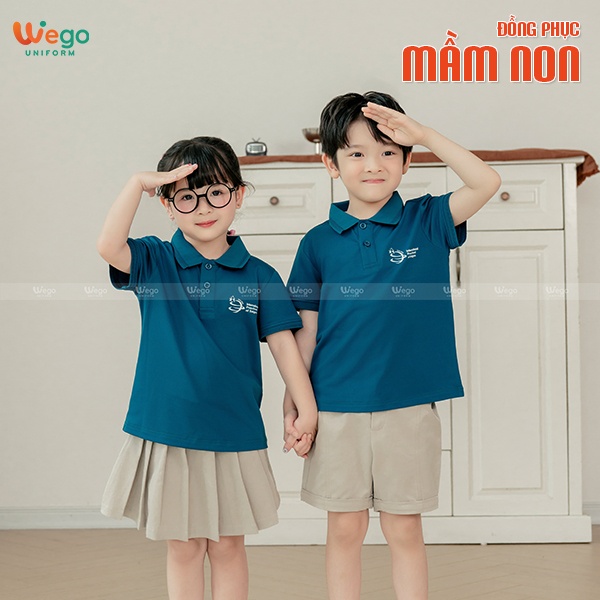 Áo thun phông đồng phục mầm non màu xanh cổ vịt
