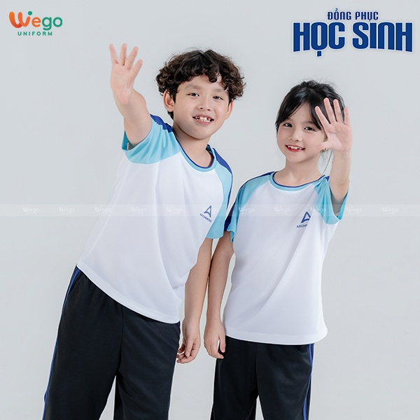 Áo thun phông Đồng phục học sinh màu trắng phối xanh thiên thanh